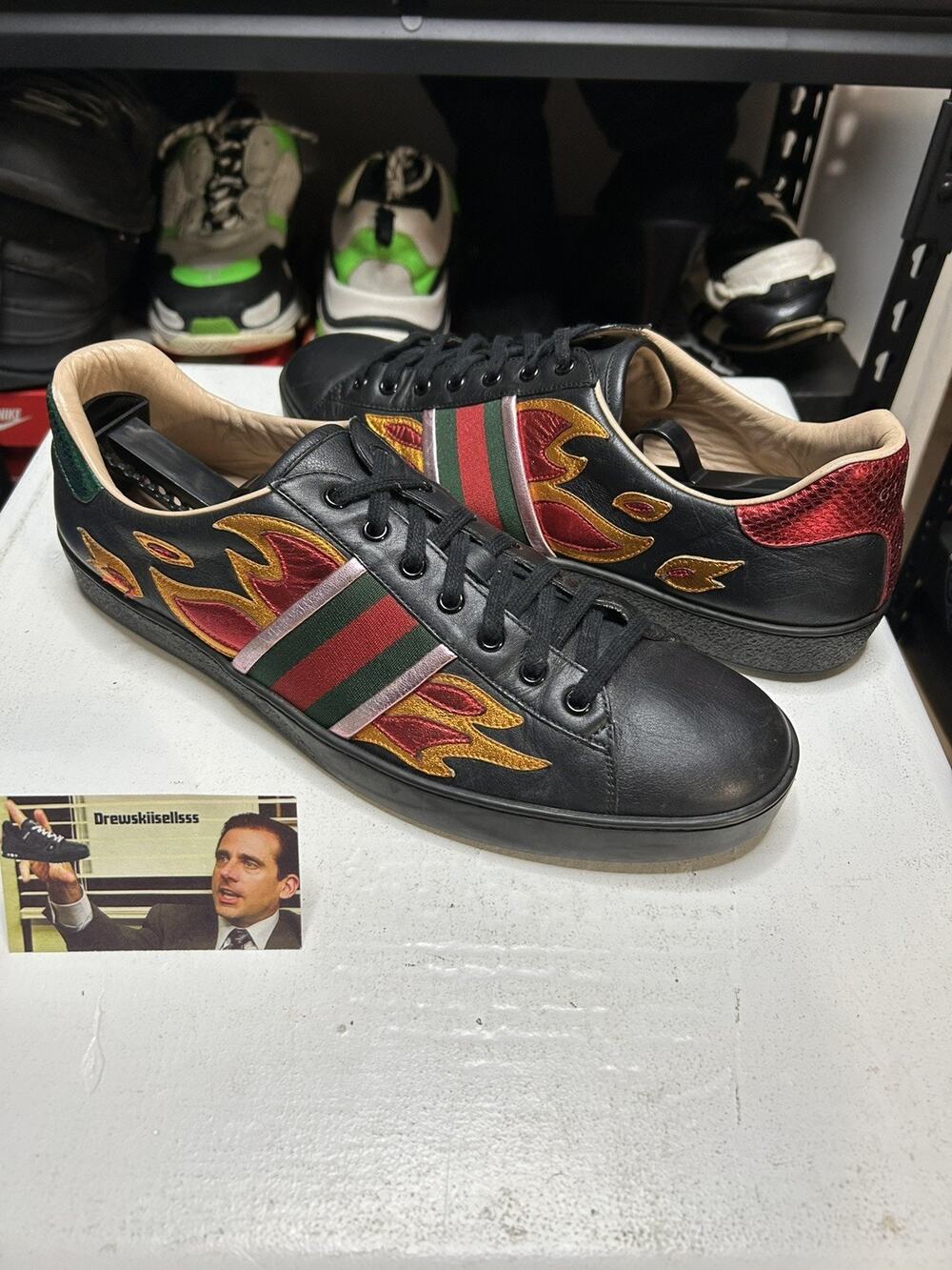 Gucci Ace Flame Black Leather Sneakers Size 11G / 11.5 US Mens